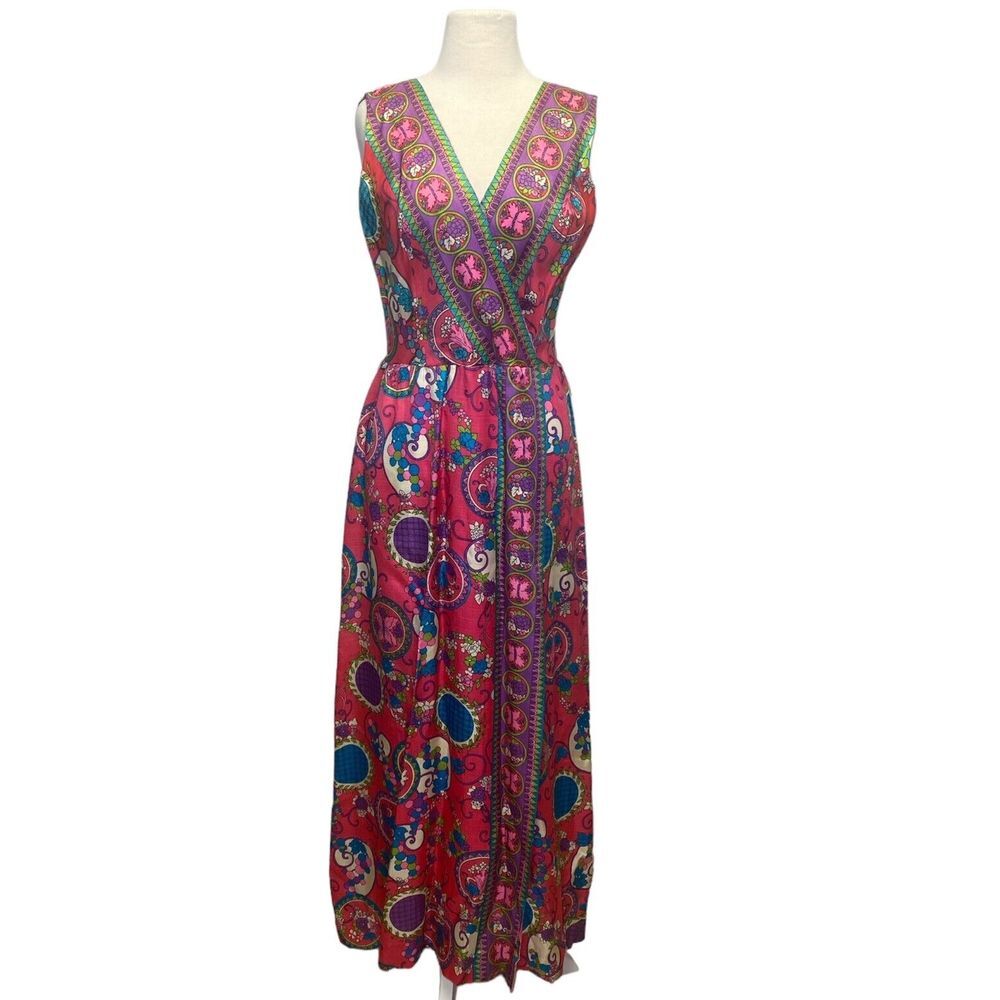 VTG Liberty Circle Maxi Dress Medium Floral Psychedelic Boho Pink Purple 60s 70s